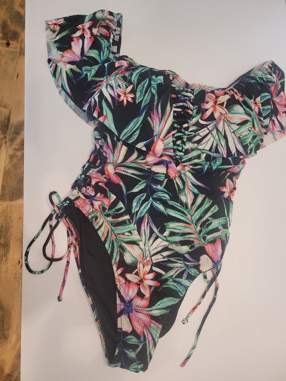 Womans Floral Off-Shoulder One-Piece Swimsuit - Black Tropical